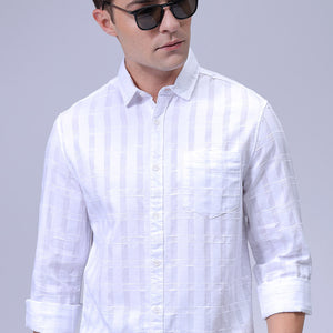 Men's White Slim Fit Checkered Textured Casual Shirt