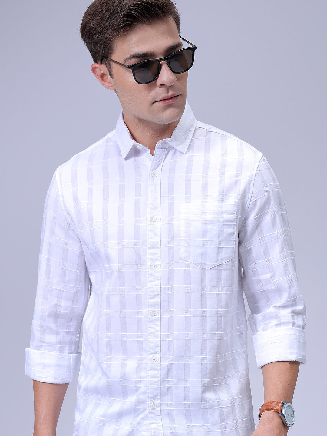 Men's White Slim Fit Checkered Textured Casual Shirt
