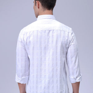 Men's White Slim Fit Checkered Textured Casual Shirt