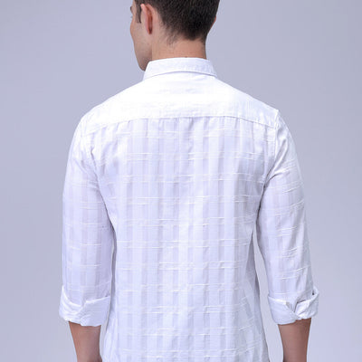 Men's White Slim Fit Checkered Textured Casual Shirt
