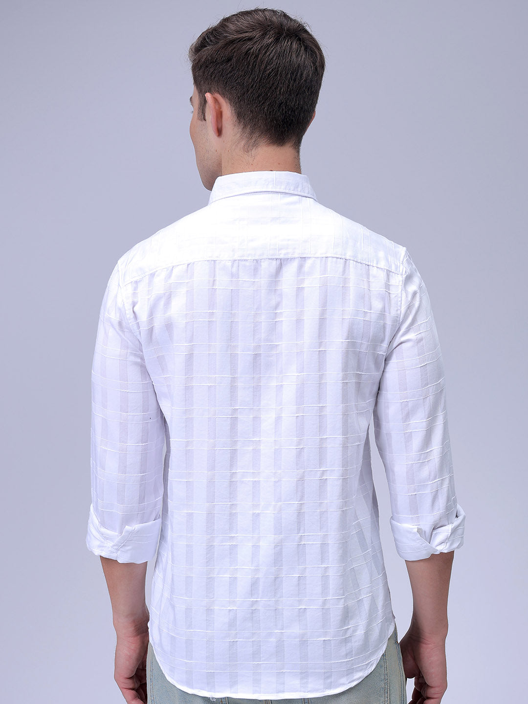 Men's White Slim Fit Checkered Textured Casual Shirt