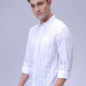 Men's White Slim Fit Checkered Textured Casual Shirt