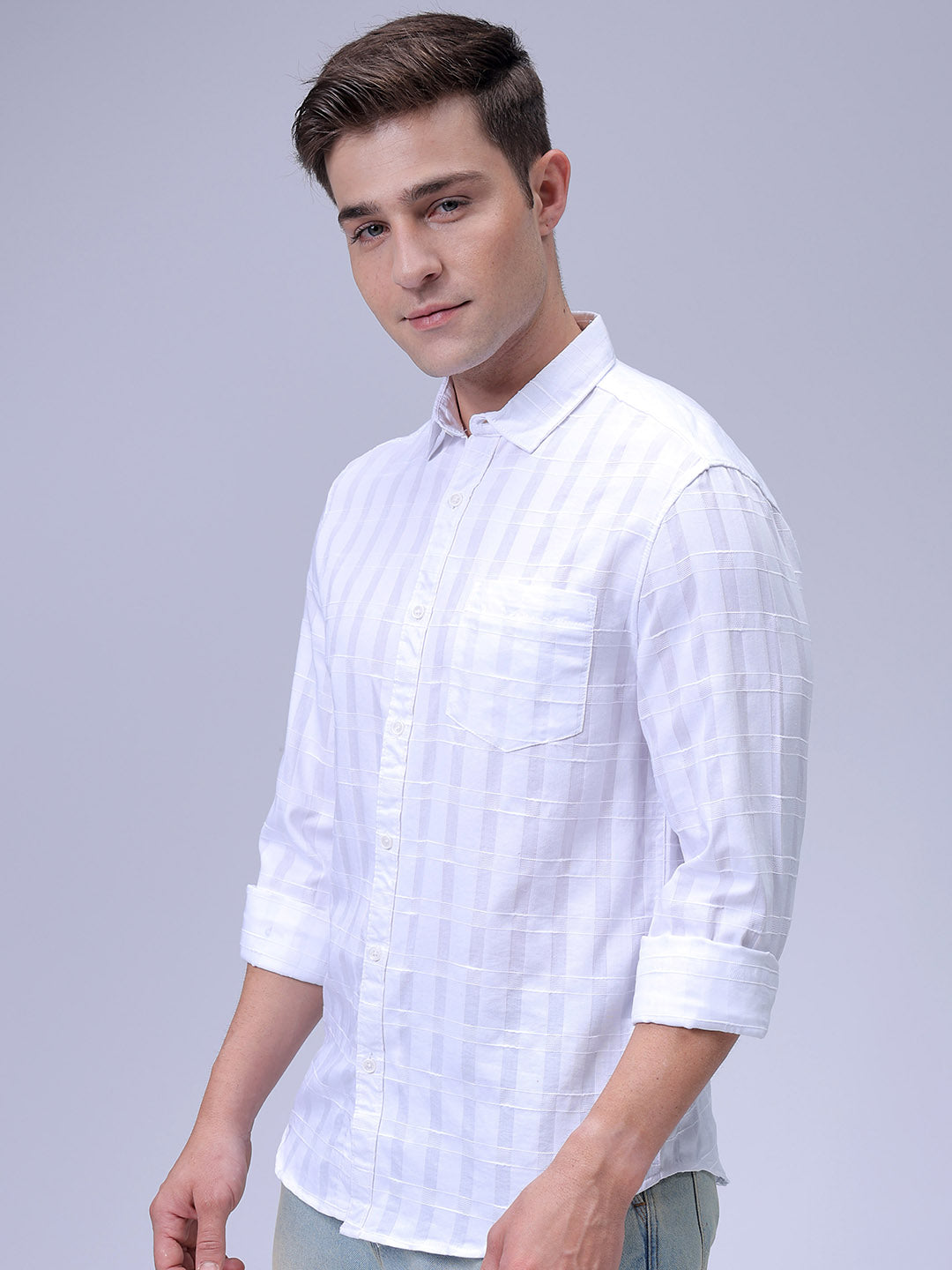 Men's White Slim Fit Checkered Textured Casual Shirt