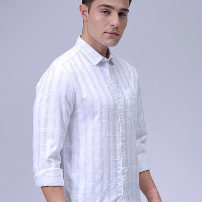 Men's White Slim Fit Checkered Textured Casual Shirt