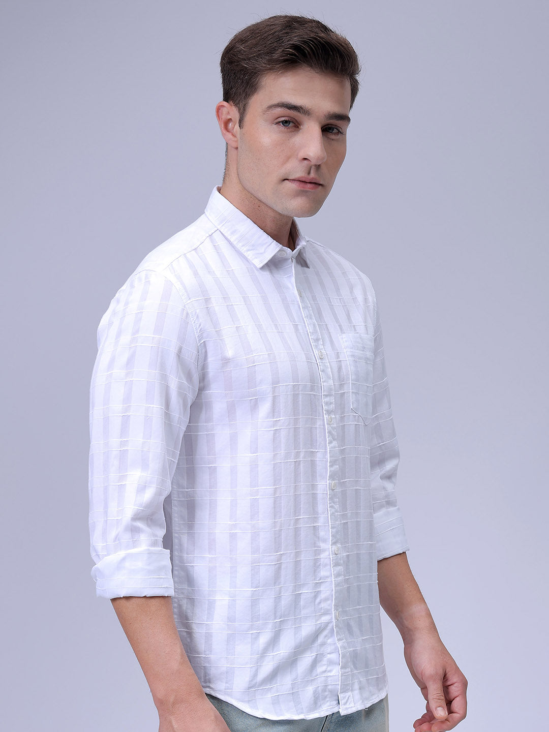 Men's White Slim Fit Checkered Textured Casual Shirt