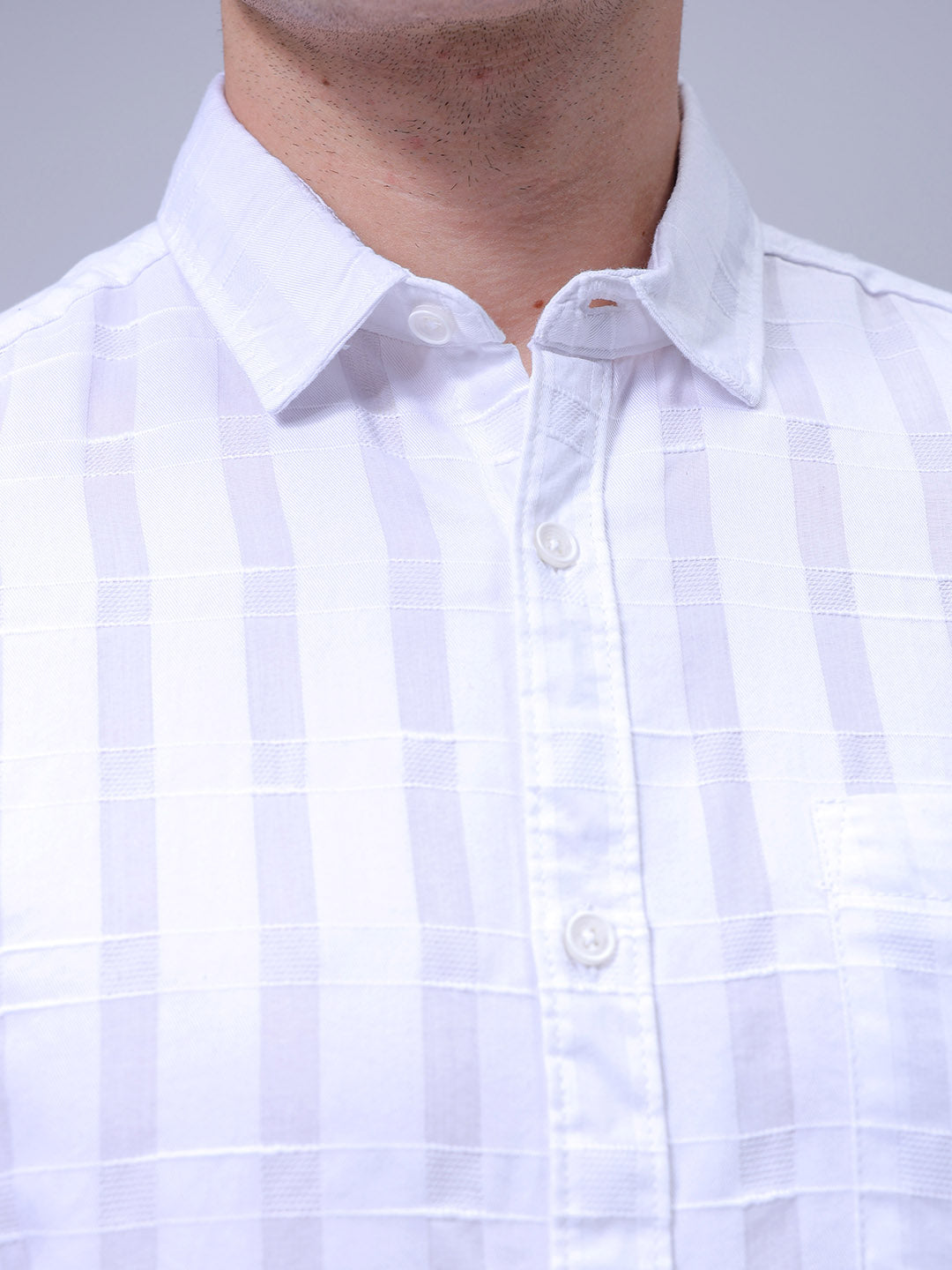 Men's White Slim Fit Checkered Textured Casual Shirt
