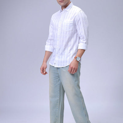 Men's White Slim Fit Checkered Textured Casual Shirt