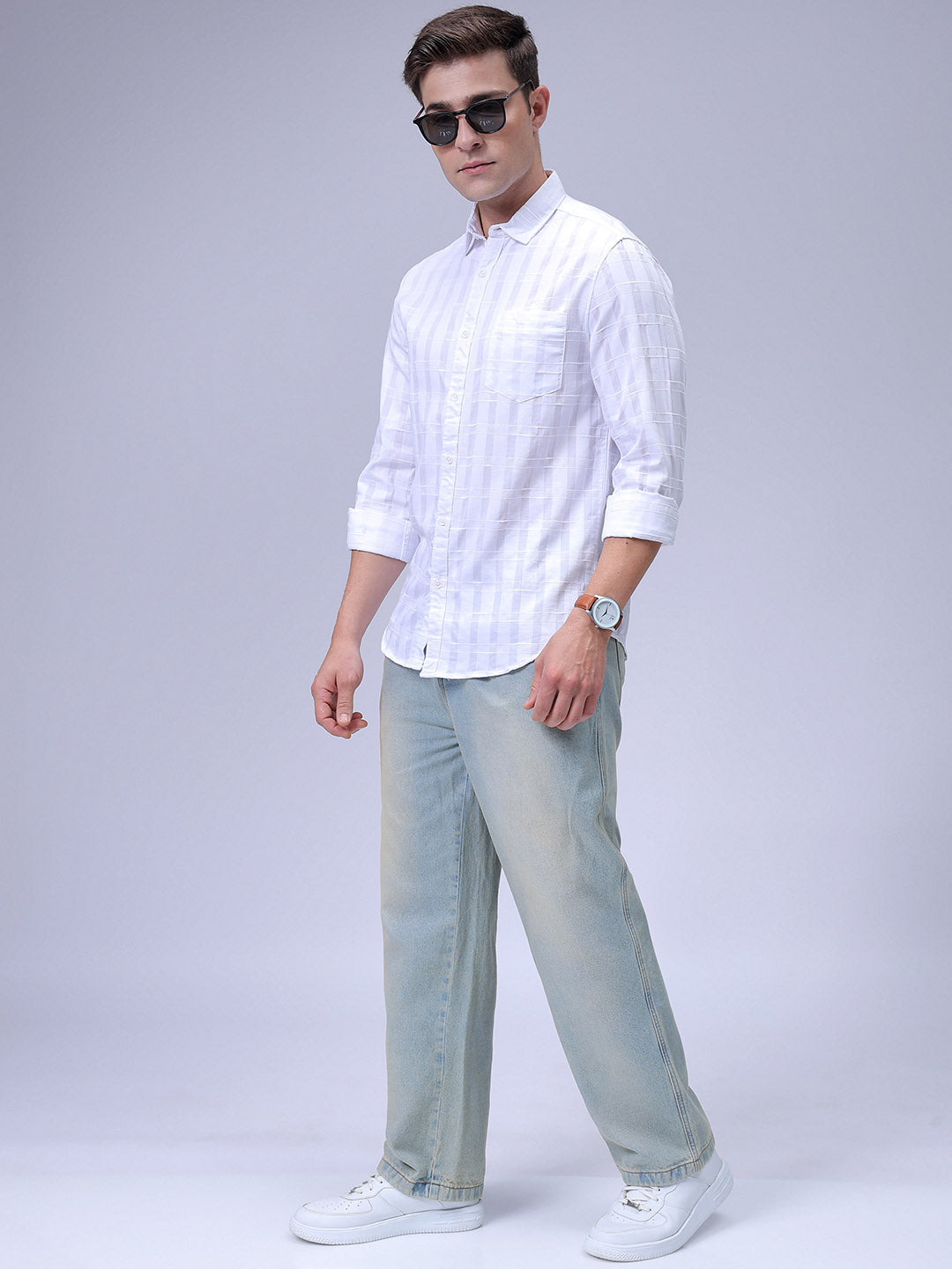 Men's White Slim Fit Checkered Textured Casual Shirt