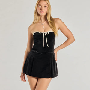 Adorable Status Strapless Bow Trim Velvet Romper