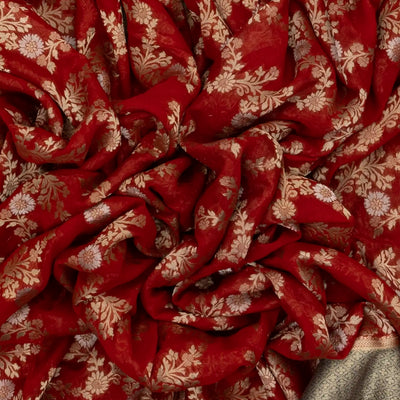Crimson Handwoven Banarasi Georgette Silk Saree With Floral Jaal Motifs