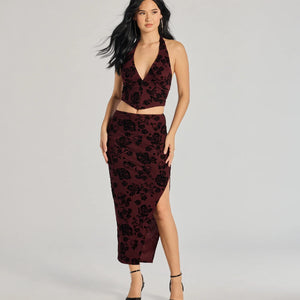 Luxe Wonder Flocked Velvet Floral Midi Skirt
