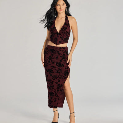 Luxe Wonder Flocked Velvet Floral Midi Skirt