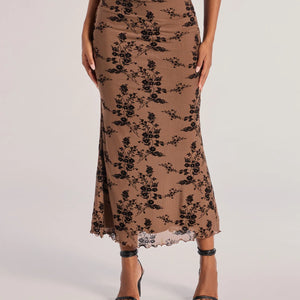 Romantic Aura Flocked Floral Mesh Maxi Skirt