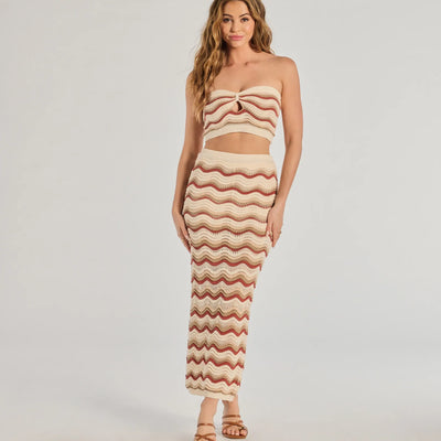 Retro Chic Wavy Striped Crochet Midi Skirt