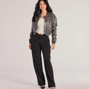Sleek Impression Belted Straight-Leg Trouser Pants
