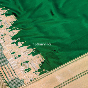 Bottle Green Handwoven Banarasi Katan Silk Saree with Kashi Ghat Weaves