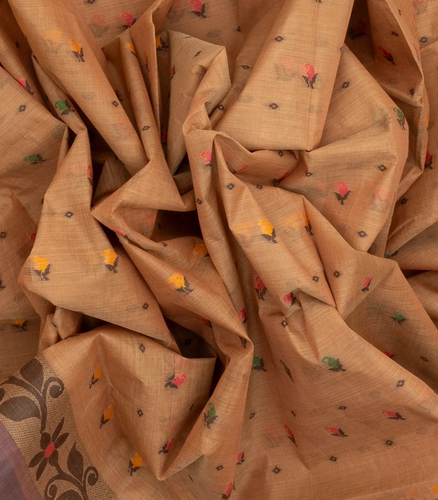 Brown Bengal Cotton Saree With Floral Motifs