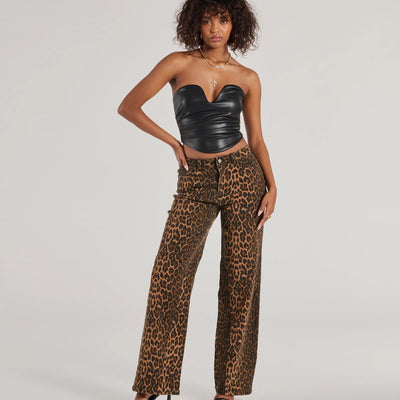 Fierce Aura Wide Leg Leopard Print Denim Jeans