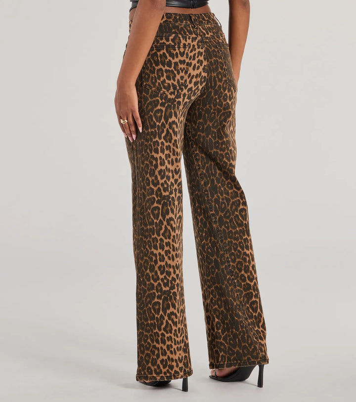 Fierce Aura Wide Leg Leopard Print Denim Jeans