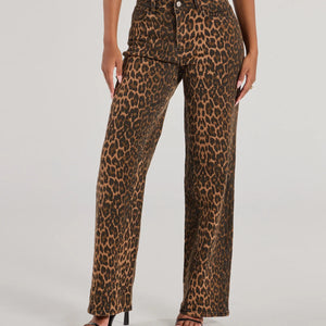 Fierce Aura Wide Leg Leopard Print Denim Jeans