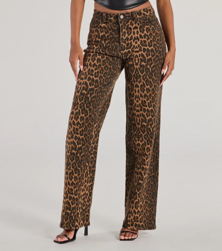 Fierce Aura Wide Leg Leopard Print Denim Jeans