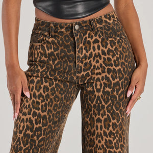Fierce Aura Wide Leg Leopard Print Denim Jeans