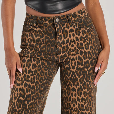 Fierce Aura Wide Leg Leopard Print Denim Jeans