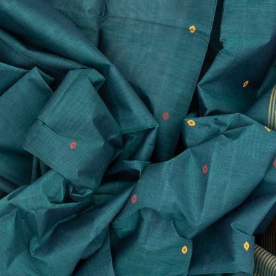 Blue Handloom Village Cotton Saree With Coin Buttas