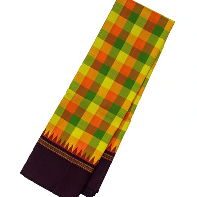 Green & Orange Handloom Kanchipuram Silk Saree With Checks