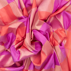 Pink & Orange Handloom Kanchipuram Silk Saree With Checks