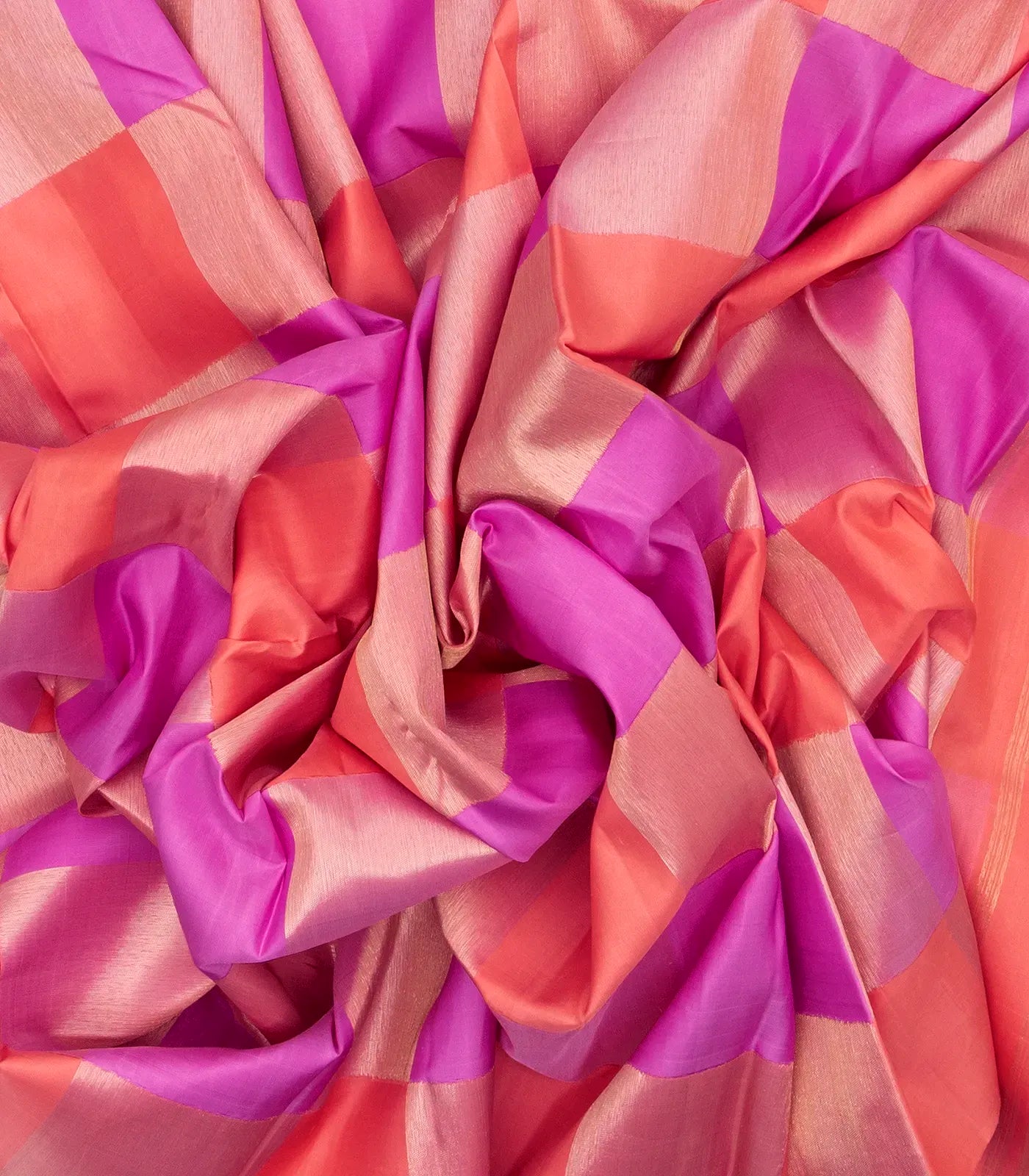 Pink & Orange Handloom Kanchipuram Silk Saree With Checks