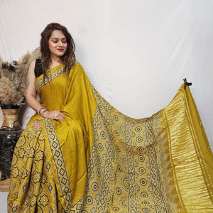 Fine Modal Silk Authetic Hand blocked Ajrakh Print Saree