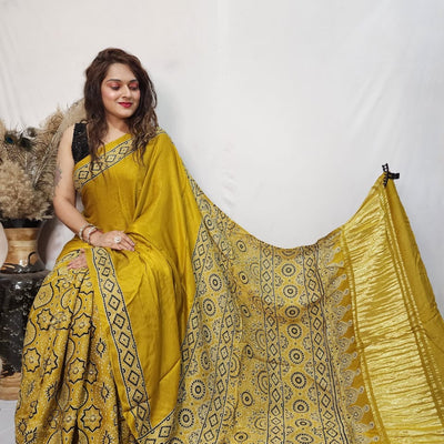 Fine Modal Silk Authetic Hand blocked Ajrakh Print Saree