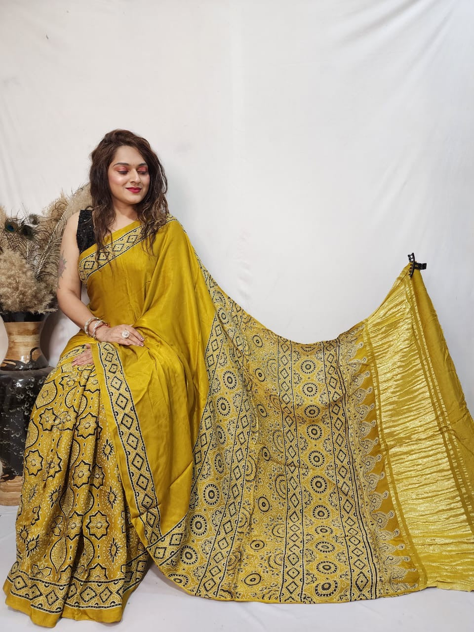 Fine Modal Silk Authetic Hand blocked Ajrakh Print Saree
