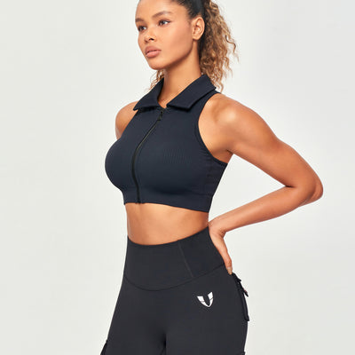 Ribbed Full Zip Padded Tank Top - Black