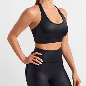 Faux Leather Active Bra - Black