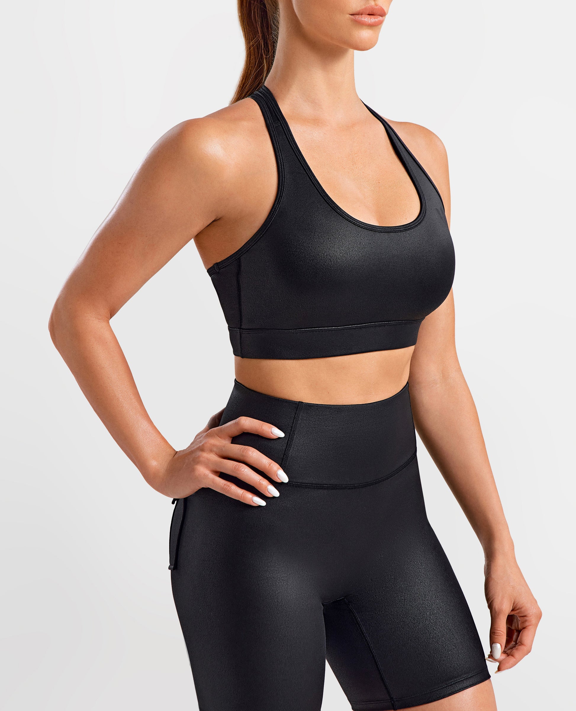 Faux Leather Active Bra - Black