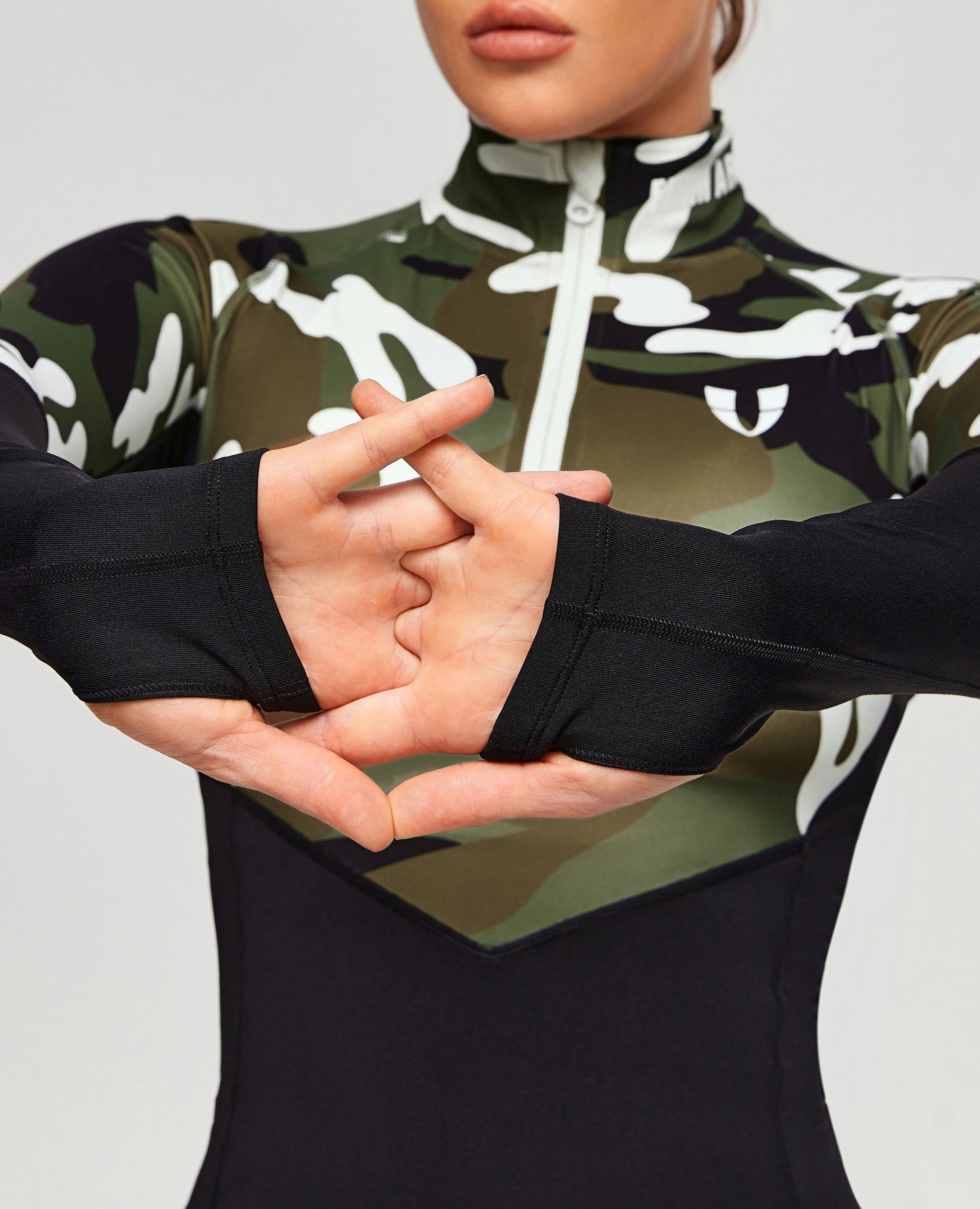 Half Zip Long Sleeve Top - White Green Camo
