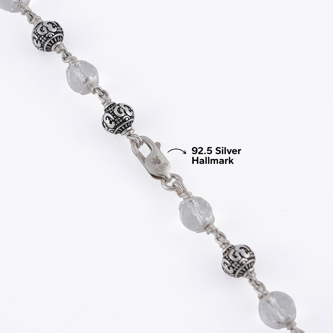 SPHATIK DIAMOND CUT BEADS WITH OM SILVER BEADS MALA