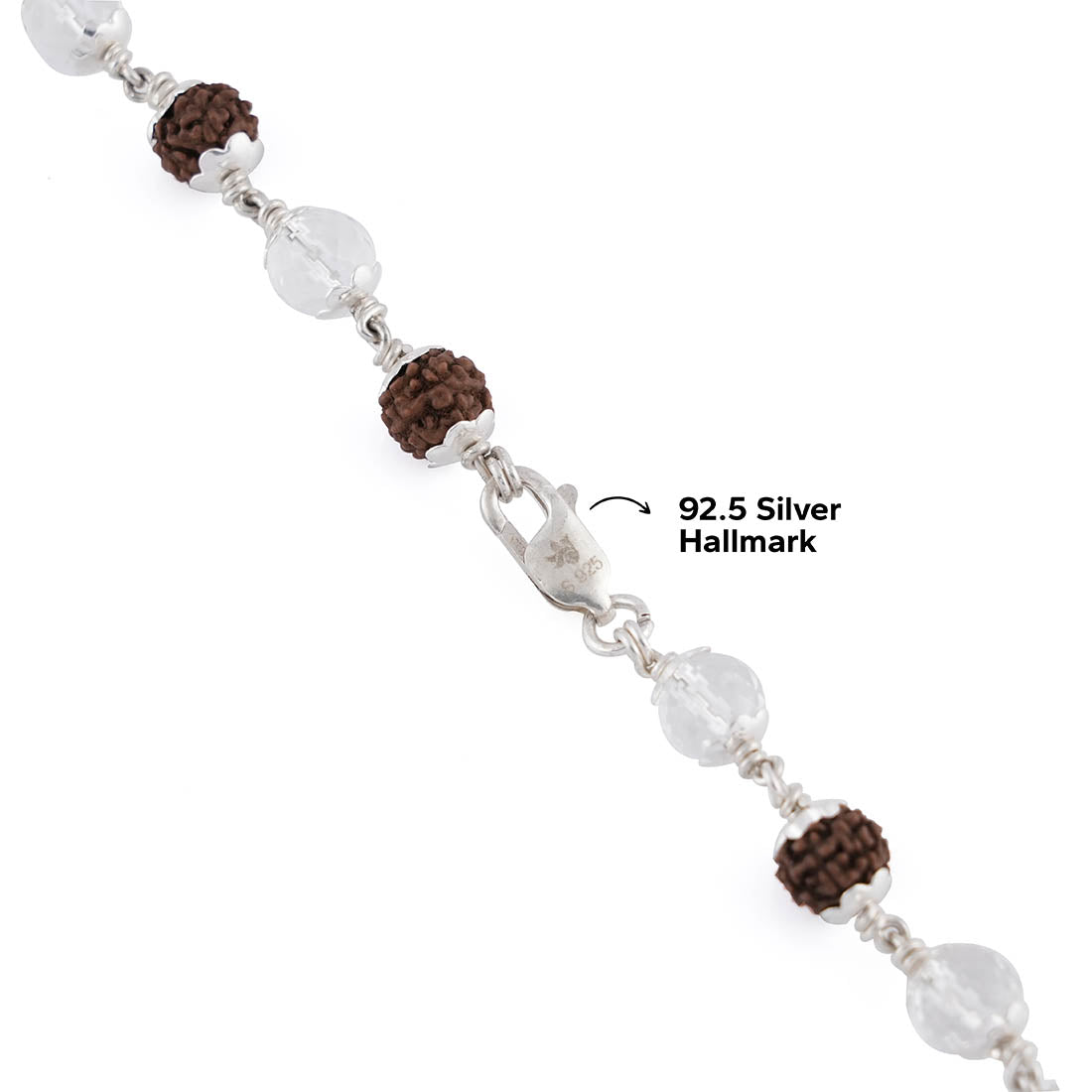 RUDRAKSHA WITH SPHATIK DIAMOND CUT BEADS SILVER MALA