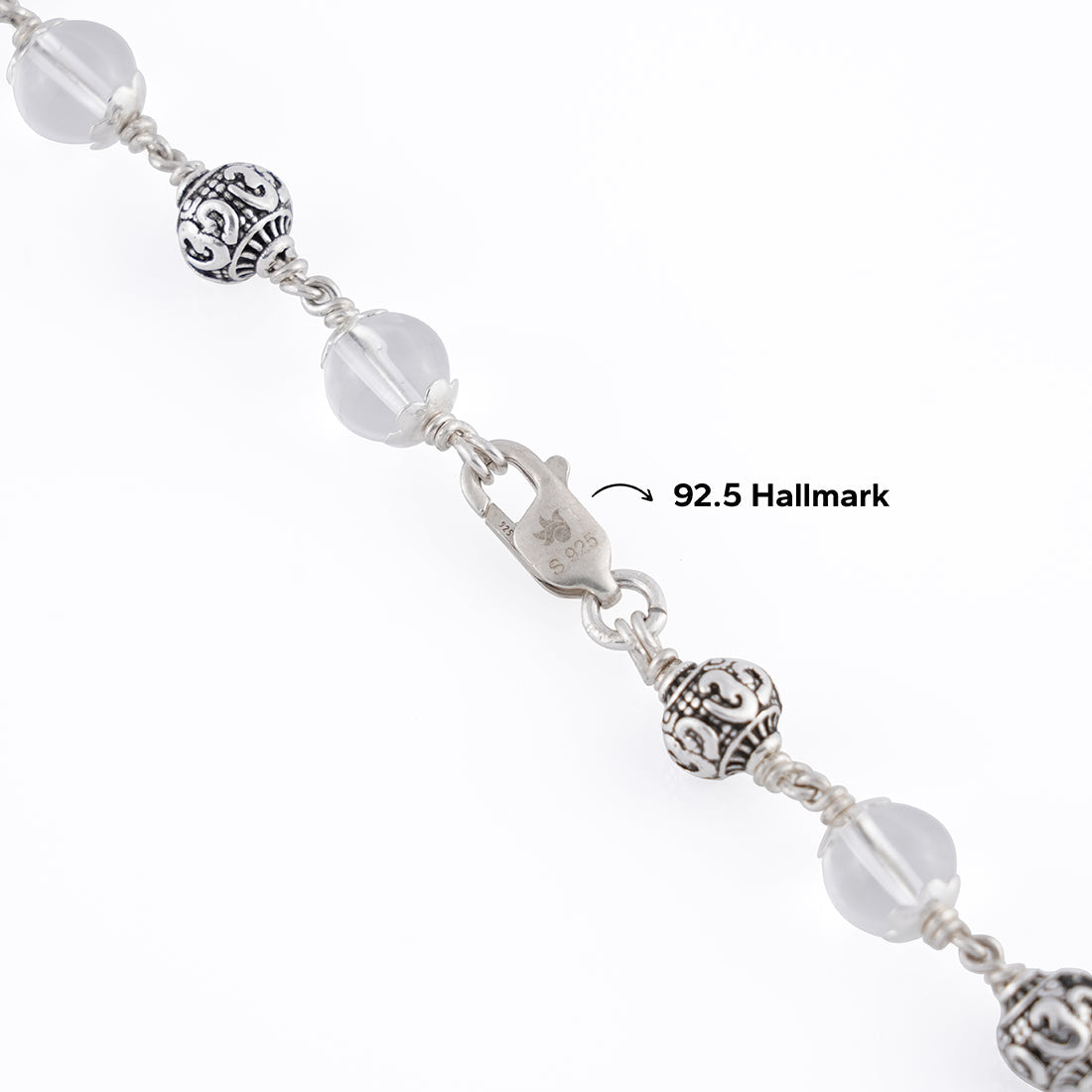 SPHATIK WITH OM SILVER BEADS MALA