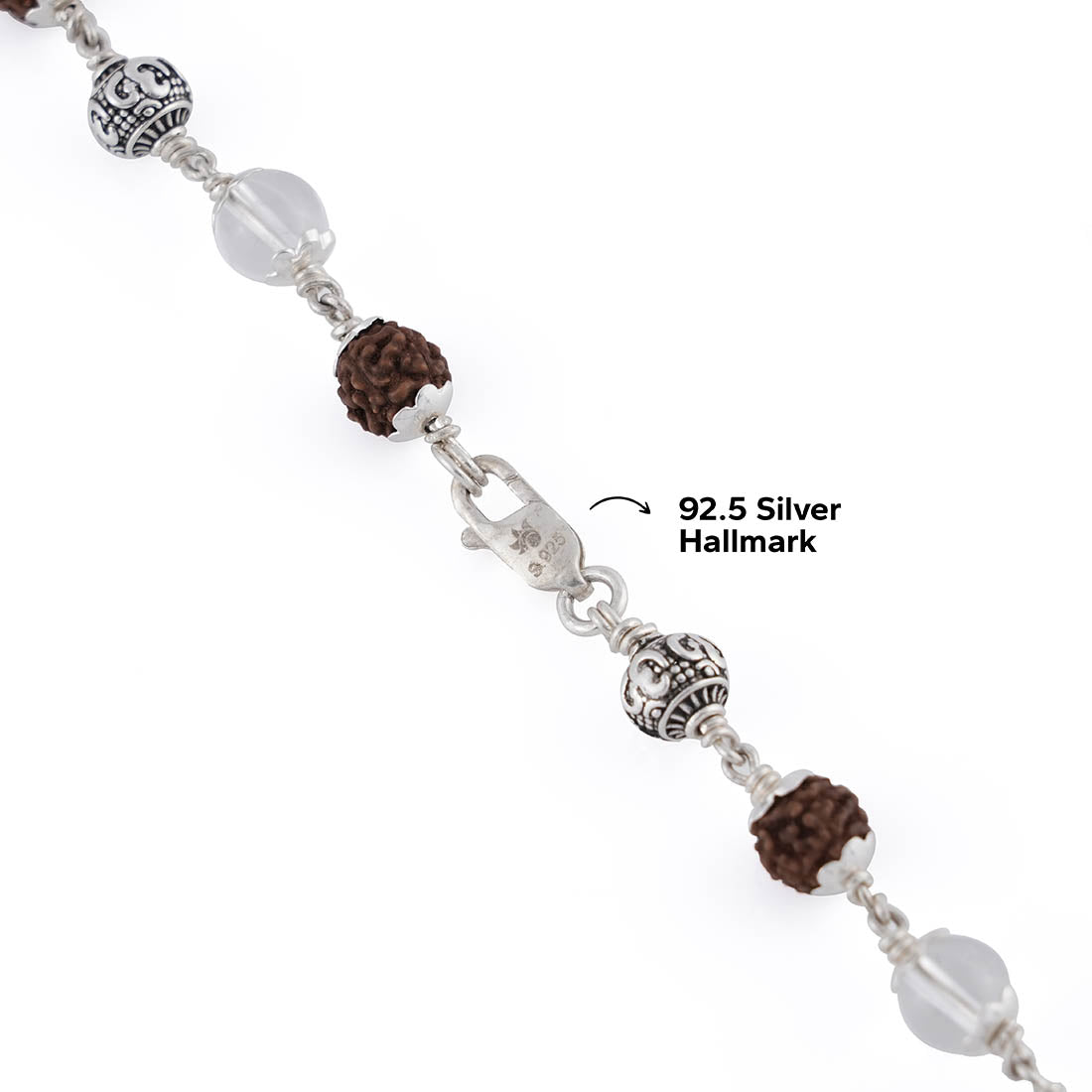 RUDRAKSHA WITH SPHATIK AND OM SILVER BEADS MALA