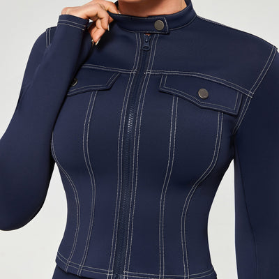 Contrast Stitching Moto Jacket - Navy Blue