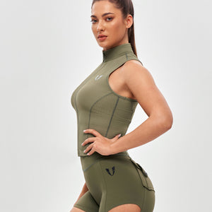 Ribbed Zip Up Tank - Olive Gray