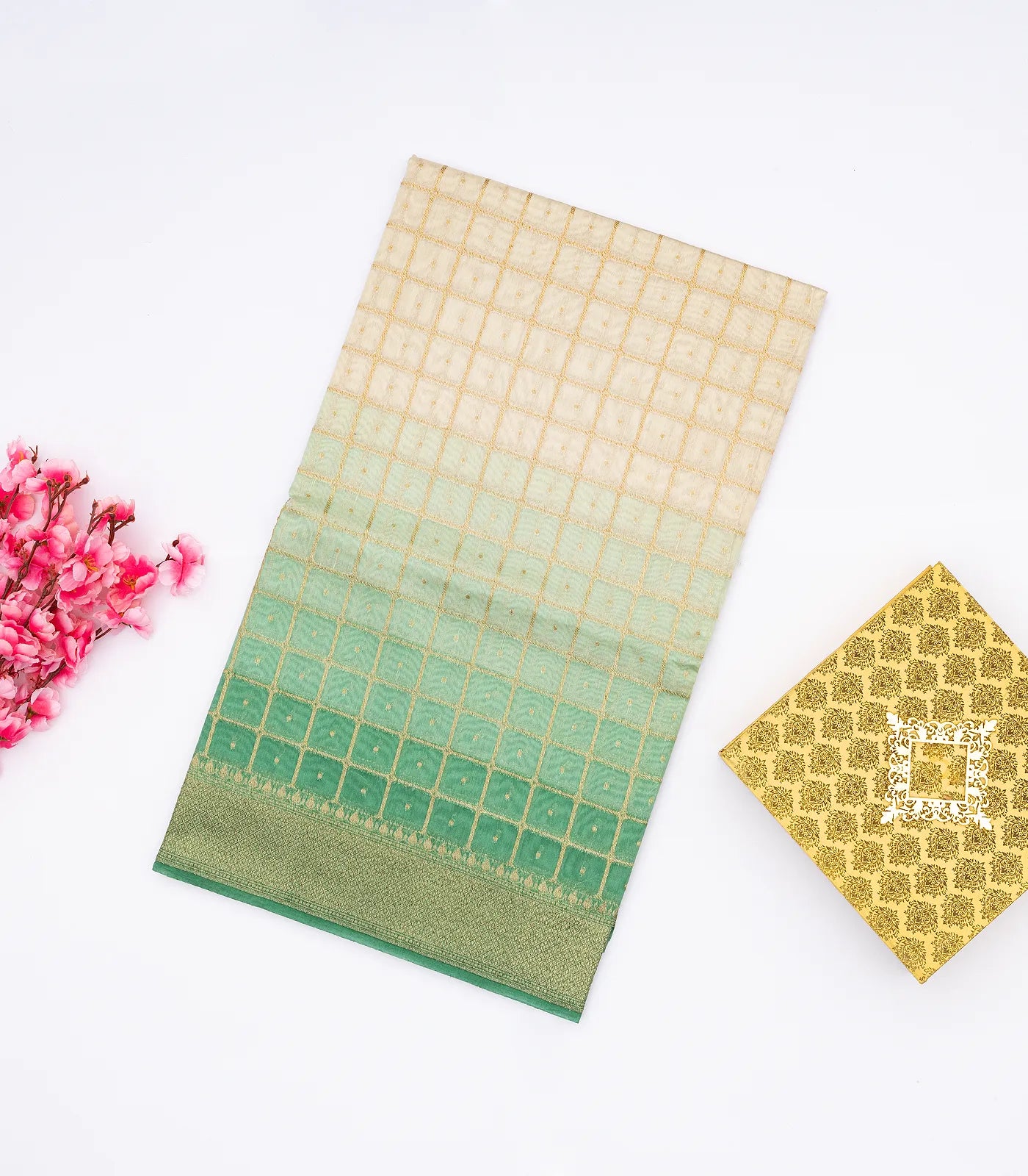 Off White Handloom Banarasi Silk Cotton Saree With Zari Checks