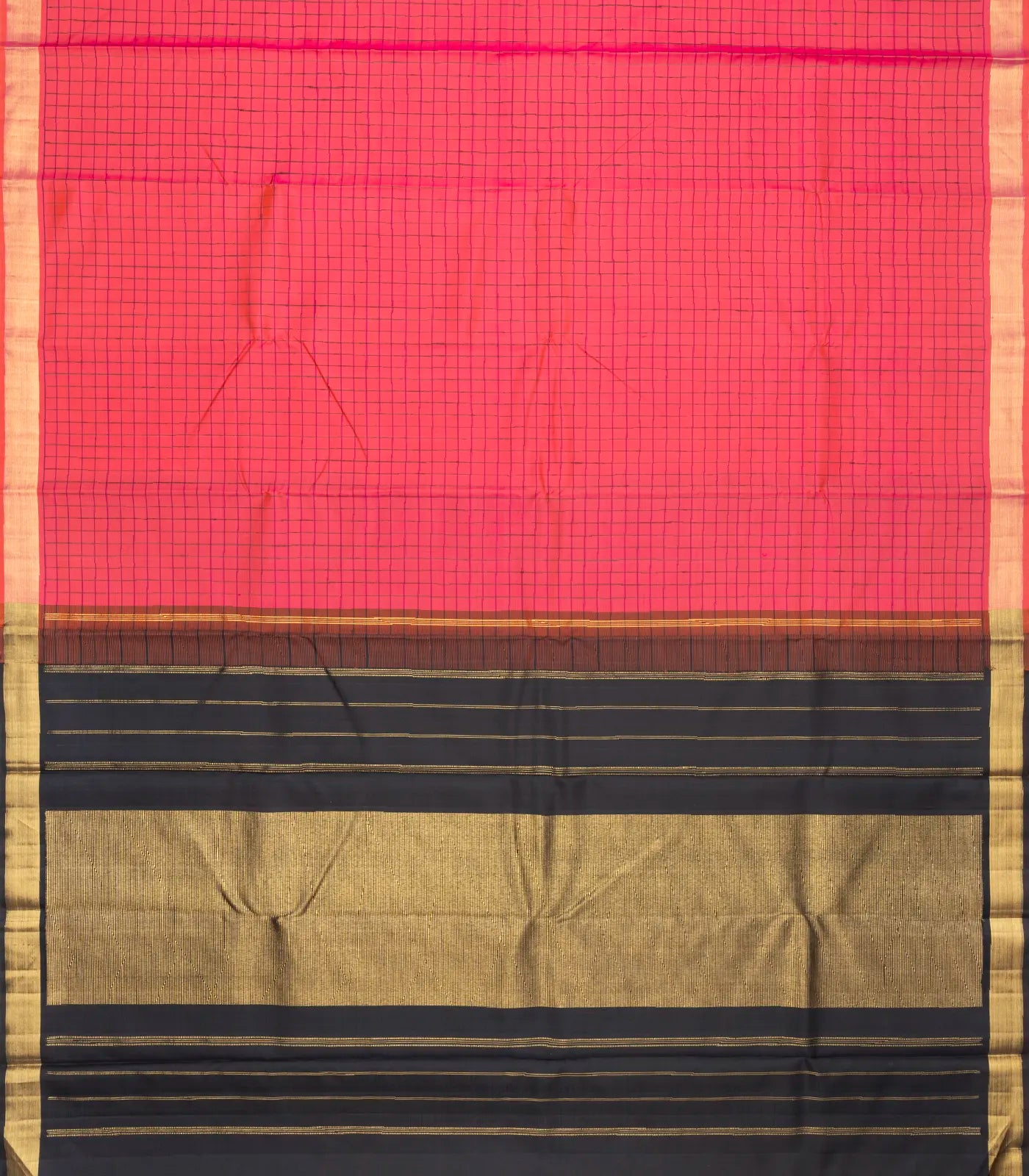 Dark Peach Handloom Kanchipuram Silk Saree With Checks