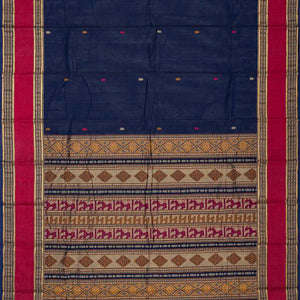 Navy Blue Handloom Kanchi Cotton Saree With Spear Buttas