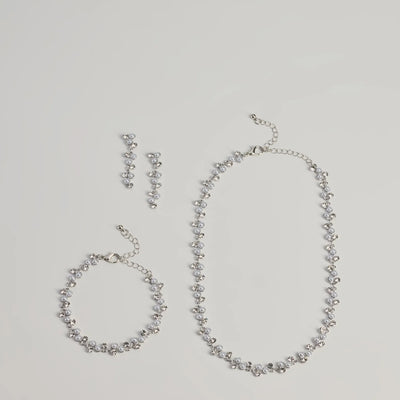 Glimmering Rhinestone And Pearl Necklace, Bracelet, And Earrings Set