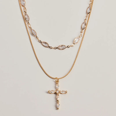 Graceful Shine Layered Cross Charm Rhinestone Necklace