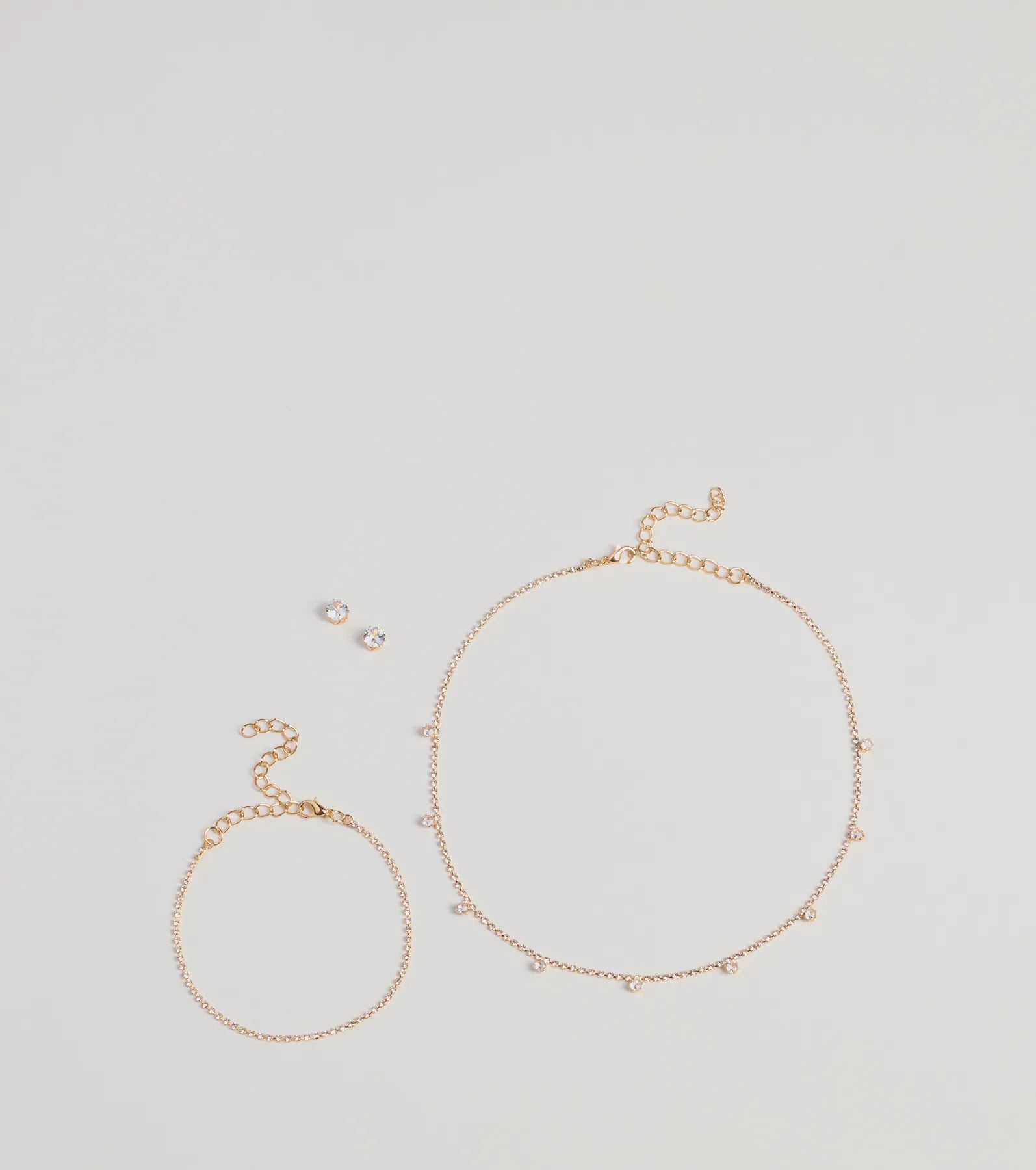 Delicate Glam Rhinestone Necklace, Bracelet, And Earrings Set